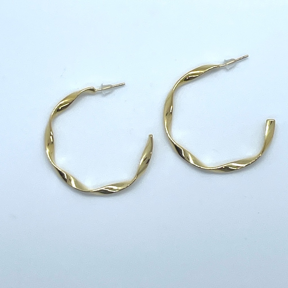 Gold Twisted Ribbon Hoop Earrings Medium C-Shape Statement Chunky Hoops